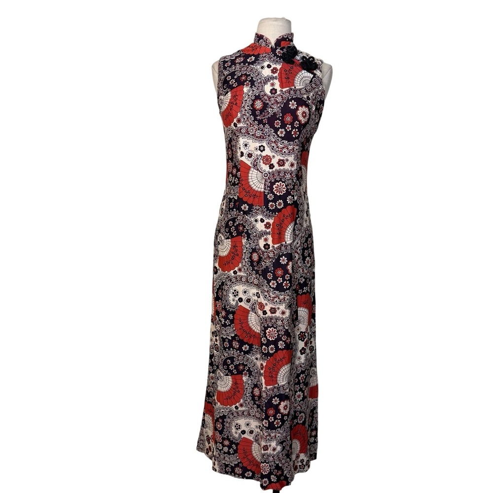 Vintage 1960s Asian Print Maxi Column Dress‎ Sz XS/S Paisley Floral Sexy Costume
